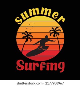 Summer Surfing vintage style t-shirt and apparel trendy design with surf silhouettes, typography, print, vector illustration