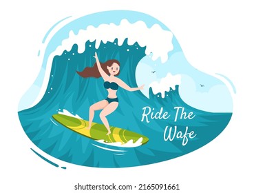Summer Surfing of Water Sport Activities Cartoon Illustration with Riding Ocean Wave on Surfboards or Floating on Paddle Board in Flat Style