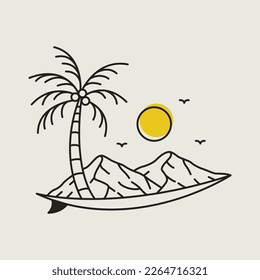 Summer Surfing in the Wild Monoline Design Illustration for Apparel