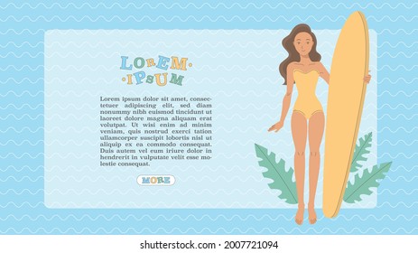 Summer surfing woman background. Cute active sporty body girl in swimwear with surfboard on blue wave background. Large web template with space for your text. Colorful cartoon flat vector illustration
