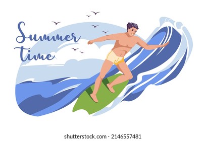 Summer surfing of young man surfer at board on ocean wave. Flat  vector illustration for summer sport activity and sea leisure hobby