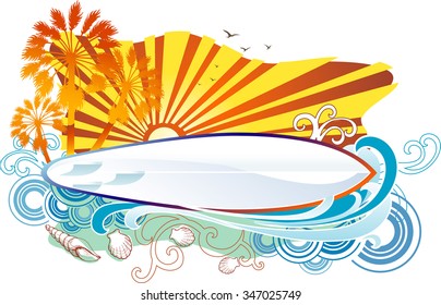 Summer Surfing-White surf board space for your text, properly layered elements