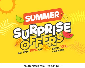 Summer Surprise Offers, banner or poster design with awesome offers on yellow background.