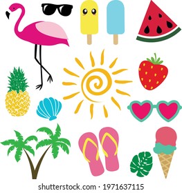 Summer svg Bundle vector Illustration isolated on white background. Summer elements for scrapbooking. Flamingo, sunglasses, ice cream, popsicle, watermelon, pineapple, sun, strawberry, palm, flip flop