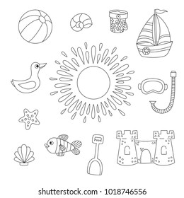 Summer sweeming beach vacation with kids line vector set