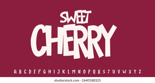 Summer Sweet Cherry drupe, joyful lettering, cartoon funny typography. Childish font for friendly logo headline of culinary recipe book, sweets, ice cream. Food typographic design. Vector typeset.