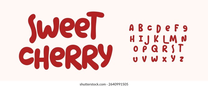 Summer Sweet Cherry, joyful lettering, cartoon rounded typography. Childish font for friendly logo headline of culinary recipe book, sweets, ice cream title. Food typographic design. Vector typeset.