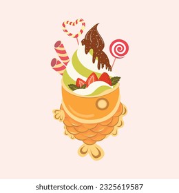 Summer, sweet dessert with fruits, chocolate, lollipops and waffles. Dessert fish. Ice cream. Sweetheart, vector illustration.