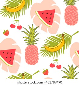 Summer sweet fruits vector seamless print pattern. Colorful pineapple, watermelon, cherry, strawberry, banana and tropic leaves  background