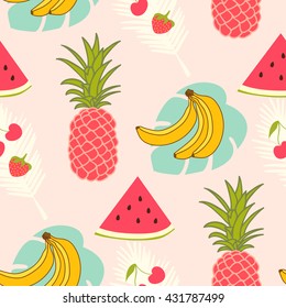  Summer sweet fruits vector seamless print pattern. Colorful pineapple, watermelon, cherry, strawberry, banana and tropic leaves  background