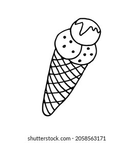 Summer sweet ice cream in a waffle cone topped with syrup in doodle style. Hand drawn illustration.