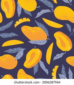 Summer sweet mango fruit seamless pattern. Vector textured fruit fabric design. Tropical and bright pattern design.