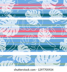Summer sweet pastel floral and tropical leaves seamless pattern and hand drawn line sketch on texture beach. Modern paper cut style seamless pattern vector design for fashion, fabric.