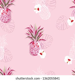 Summer sweet seamless pattern of pineapple and hibiscus exotic flowers in hand drawn line style design for fashion,fabric,wallpaper,web,and all prints on sweet pink background color