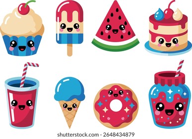 Summer sweets icon set. Cupcake, watermelon, donut, popsicle, soda, cake, sparkling drink, kawaii faces, strawberry glaze, dessert smile. Cute cartoon dessert vector illustration set