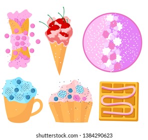 summer sweets set flat design waffles cake cream smoothie fruits colorful