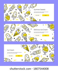 Summer sweets - set of line design style banners with hand-drawn elements and copy space for your text. Landing page header template with ice cream, scoops, popsicle, sugar cone and soft serve