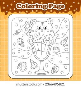 Página de coloración temática de dulces de verano para niños con el personaje animal kawaii tigre en forma de helado con chocolate, hoja de trabajo educativa imprimible al estilo de dibujos animados 