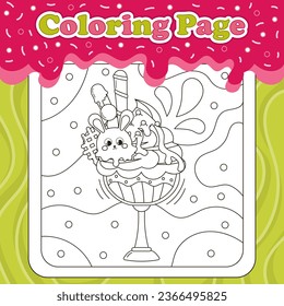 Summer sweets themed coloring page for kids with kawaii animal character bunny shaped ice cream with chocolate, printable educational worksheet in cartoon style 