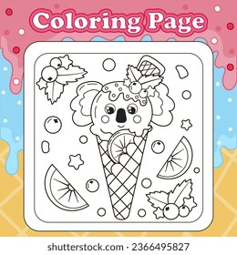 Summer sweets themed coloring page for kids with kawaii animal character koala shaped ice cream with orange, printable educational worksheet in cartoon style 