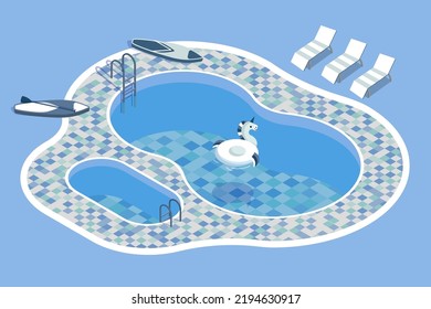 Summer swim. Beach vacation slide. Empty swimming pool. Blue water design. Summertime lounge activity. Inflatable unicorn ring. Paddleboard and surfboard. Vector illustration background