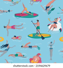 Summer swim pattern, float people. Swimmer characters isolated on blue background, woman and man surfing in ocean. Decor textile, wrapping paper, wallpaper, print design. Vector illustration
