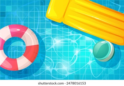 Summer swim pool top view vector background. Inflatable ring float on water ripple texture. Hotel poolside above design with lifebuoy, mattress and ball toy 2d image. Summertime and vacation graphic