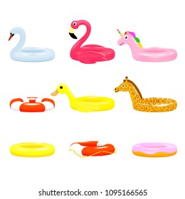 Los aros de verano se colocan sobre un fondo transparente. juguete inflable de goma. Colección vectorial colorida de por vida. Con flamingo; unicornio; jirafa y otros