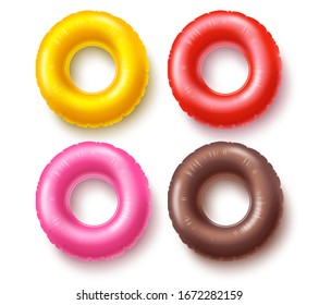Summer swim rings set vector design. Colorful inflatable rubber toy and swimming circles with different color and shapes isolated in white background. Vector illustration