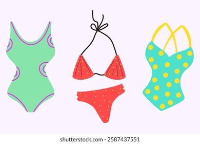 Summer swim suits. Colorful summer bikini. Modern isolated vector illustration.