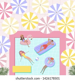 Summer swiming pool concept. Different scenes of people around the pool. People relax by the pool, sunbathe, swiming.
 Editable vector illustration.
