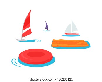 Summer swimming accessories flat design. Inflatable mattress and a circle floating in the sea or ocean. Boat with a sail isolated on white background. Vacation travel holiday. Vector illustration