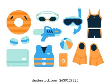 Summer swimming Essentials illustration set. Collection of items for pool party, ocean swimming and Snorkel. Cartoon style flat vector isolated clipart. 
