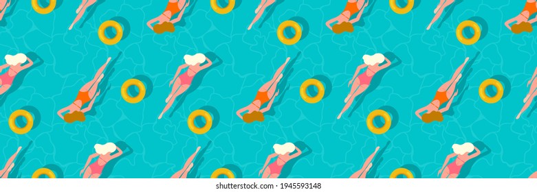 Summer, swimming people. Summertime, holiday seamless pattern background design with water swimmer girls, round floating rings
