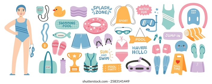 Summer swimming and pool accessories. Swimmer woman in a swimsuit. Set of swim sport equipment. Hand drawn vector illustration