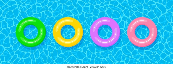 Summer swimming pool banner. Set of multicolored inflatable circles floating on the water surface. Vector illustration in flat style