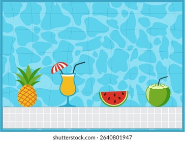Summer swimming pool with blue water, on white tiles on the edge cocktail, coconut, watermelon, pineapple