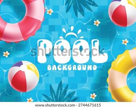 Summer Swimming Pool clipart background. Swimming Pool Background clip art with floating floaters, beach ball and flowers decoration elements for tropical Summer template design vector illustration.
