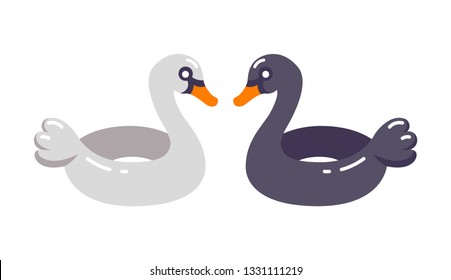 Summer swimming pool floats. Inflatable circles (rubber rings, tubes) in shape of white and black swans isolated on white.