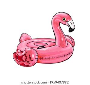 Summer Swimming Pool Inflantable Rubber Pink Flamingo Toy from a splash of watercolor, colored drawing, realistic. Vector illustration of paints