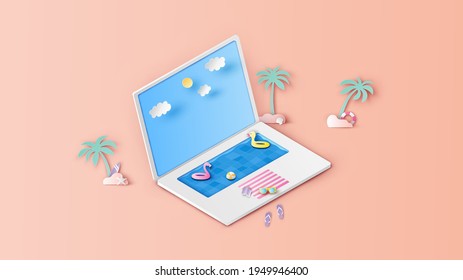 Summer swimming pool inside keyboard of a notebook with sky and blank space on display screen. Design Notebook for Summer. Summer time. paper cut and craft style. vector, illustration.