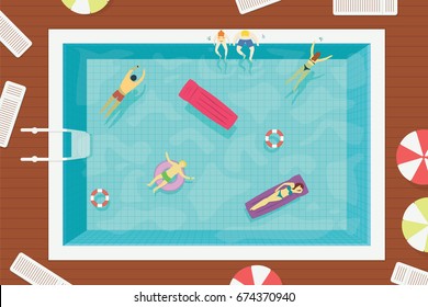 Summer swimming pool with people in water. Colorful summer holiday vector illustration.