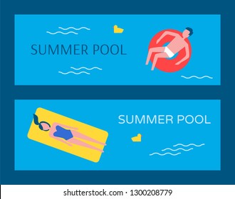 Summer swimming pool posters set vector. Man sitting in lifebuoy, woman on mattress. Chicken plastic toy decoration in basin water, people on vacation
