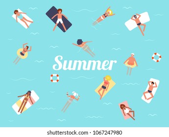 Summer swimming pool season background people character vector illustration flat design. People bathing in the sun, swimming and playing games on the beach. Tropical beach poster.