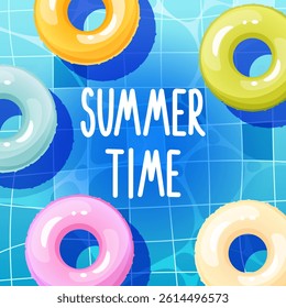 Summer swimming pool square background with text summer time, postcard. Multicolored inflatable circles floating on the surface of the water, top view. Lifebuoy for ocean, sea.