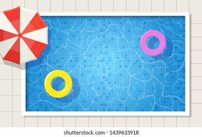 Piscina de verano con sombrilla y dos anillos de natación en el agua. Vista superior de fondo de Ilustración vectorial.