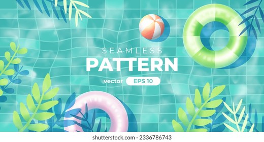 Summer swimming pool vector. Swim ring, Inflatable rubber circle, ball. Top view. Summer background. Banner or poster. Sale template. Simple cartoon design. Realistic water. 3d. Illustration eps10.