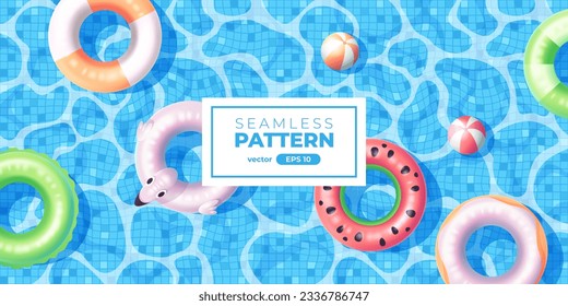 Summer swimming pool vector. Swim ring, Inflatable rubber circle, ball. Top view. Summer background. Banner or poster. Sale template. Simple cartoon design. Realistic water. 3d. Illustration eps10.