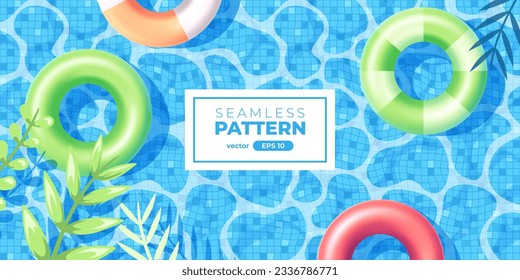 Summer swimming pool vector. Swim ring, Inflatable rubber circle, ball. Top view. Summer background. Banner or poster. Sale template. Simple cartoon design. Realistic water. 3d. Illustration eps10.
