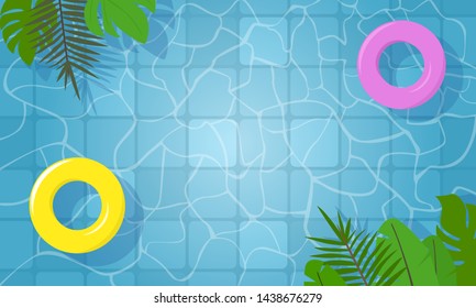 Summer swimming pool. Yellow and Pink swimming rings on water and palm leaves. Vector illustration background.